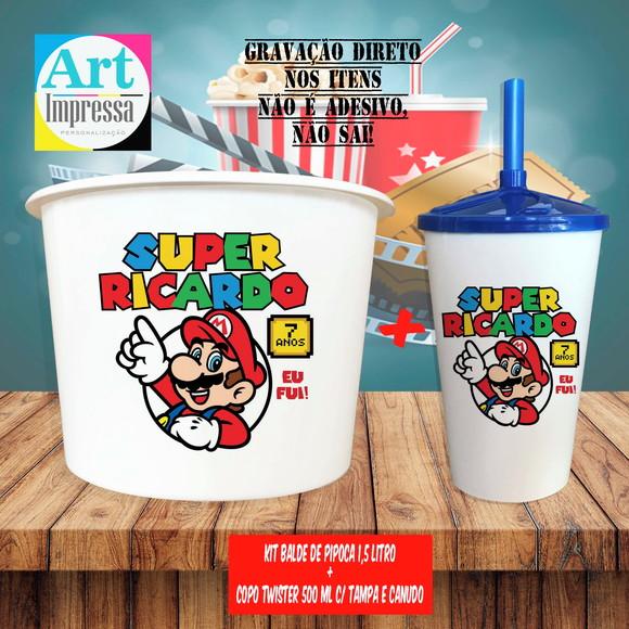 Kit Cinema Lembrancinha Super Mario Balde 1,5L + Copo Twister 500