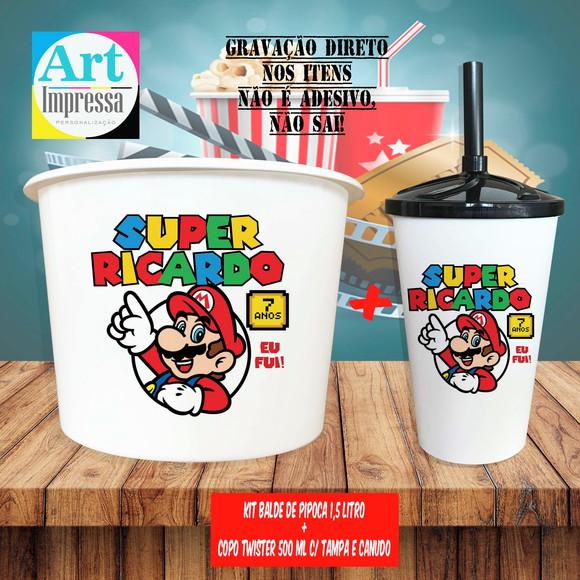 Kit Cinema Lembrancinha Super Mario Balde 1,5L + Copo Twister 500