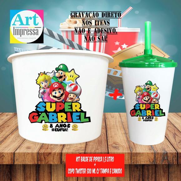 Kit Cinema Lembrancinha Super Mario Balde 1,5L + Copo Twister 500