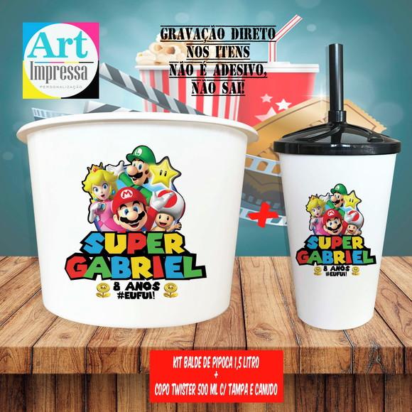 Kit Cinema Lembrancinha Super Mario Balde 1,5L + Copo Twister 500
