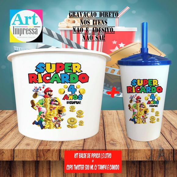 Kit Cinema Lembrancinha Super Mario Balde 1,5L + Copo Twister 500