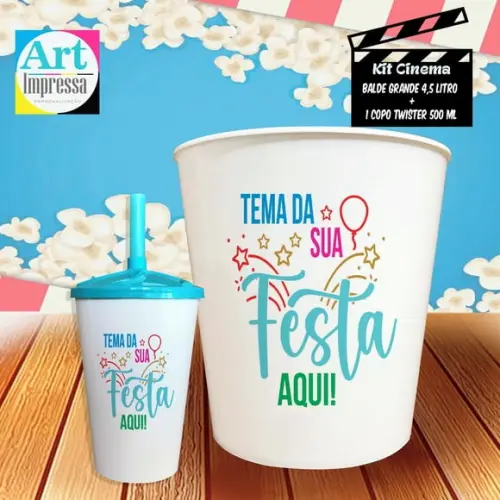 50 Unidades de Kit Cinema Individual No Tema da Sua Festa Balde 4,5L + Copo