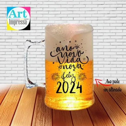Caneca de Chopp Acrílica Personalizada Ano Novo Réveillon 500ml Lembrancinha