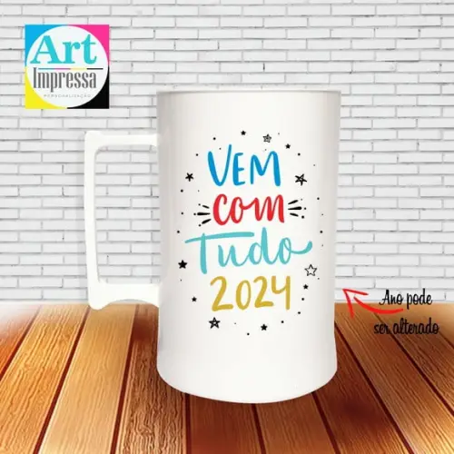 Caneca de Chopp Acrílica Personalizada Ano Novo Réveillon 500ml Lembrancinha