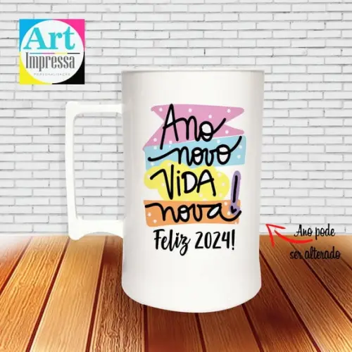 Caneca de Chopp Acrílica Personalizada Ano Novo Réveillon 500ml Lembrancinha