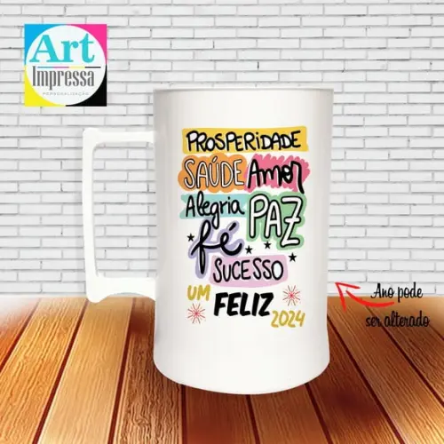 Caneca de Chopp Acrílica Personalizada Ano Novo Réveillon 500ml Lembrancinha