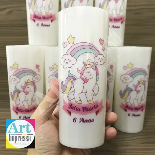 Copo Long Drink Perolado Personalizado Unicórnio Lembrancinha Fe