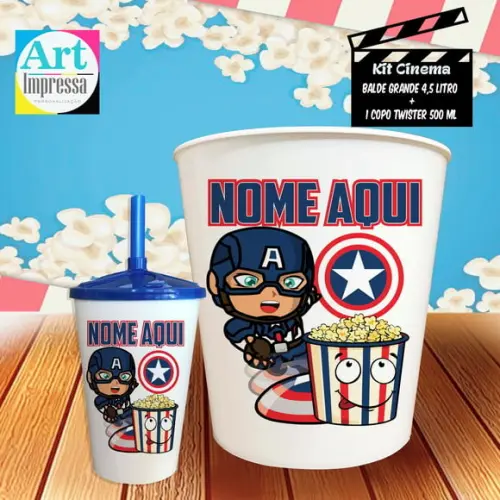 Kit Cinema Individual Capitão América Balde 4,5L + Copo Twister Presente