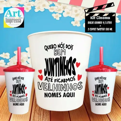 Kit Cinema Casal Bem Juntinhos Até Ficar Velhinhos Balde + 2 Copos
