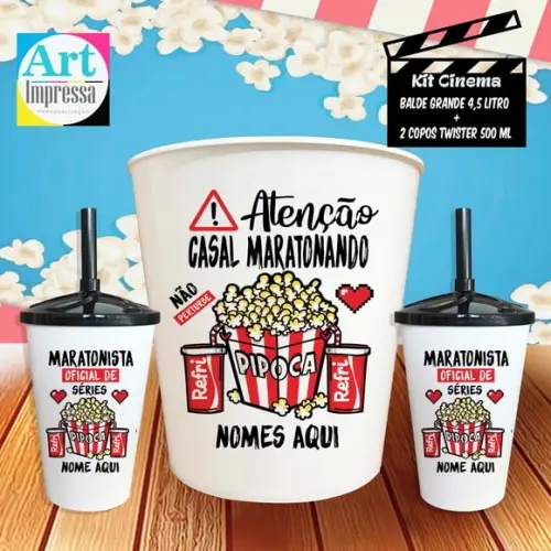 Kit Cinema Casal Maratonando Balde 4,5L + 2 Copos Twister