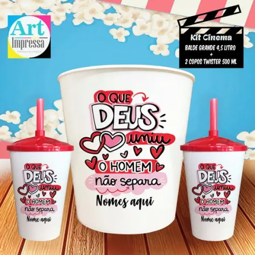 Kit Cinema Casal O Que Deus Uniu Ninguém Separa Balde + 2 Copos