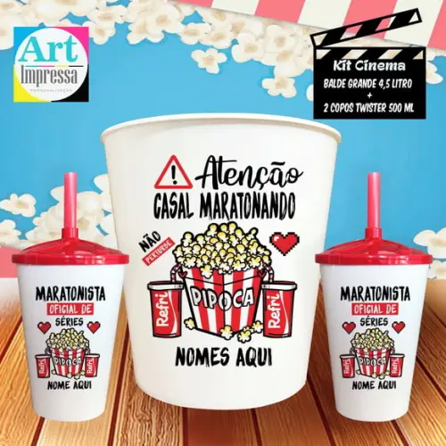 Kit Cinema a Dois Balde Grande + Dois Copos Casal Maratonand