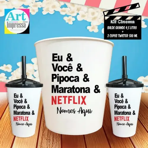 Kit Cinema Casal Eu e Você Balde 4,5L + 2 Copos Twister