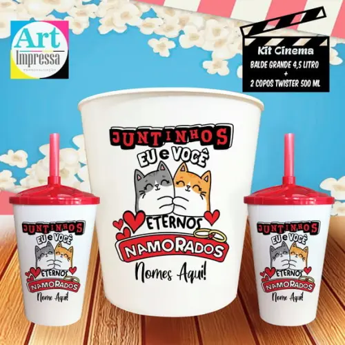 Kit Cinema Casal Eternos Namorados Balde 4,5L + 2 Copos Twister