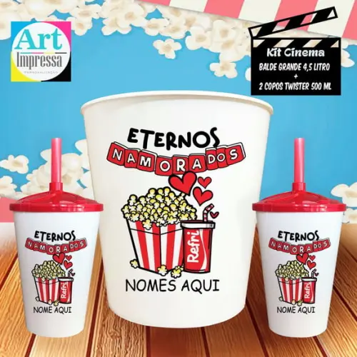 Kit Cinema Casal Eterno Namorados Balde 4,5L + 2 Copos Twister