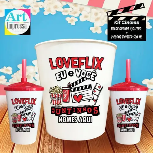 Kit Cinema Casal Loveflix Eu e Você Balde 4,5L + 2 Copos