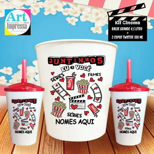 Kit Cinema Casal Juntinhos Balde 4,5L + 2 Copos Twister