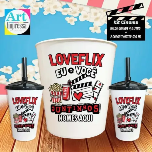 Kit Cinema Casal Loveflix Balde 4,5L + 2 Copos Twister