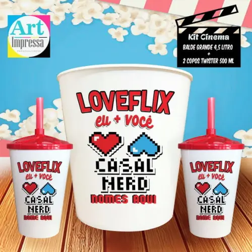 Kit Cinema Casal Lovelix Eu e Você Balde 4,5L + 2 Copos