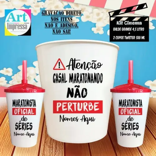 Kit Cinema Casal Maratonando Não Perturbe Balde 4,5L + 2 Copos
