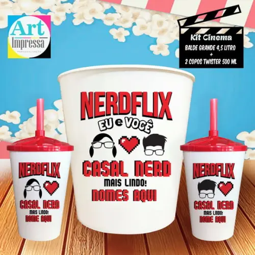 Kit Cinema Casal Nerd Balde 4,5L + 2 Copos Twister