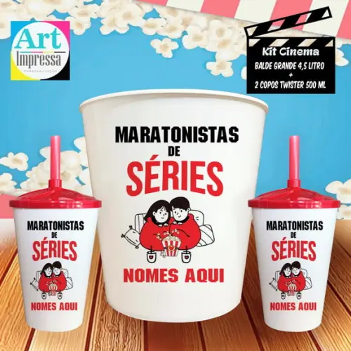 Kit Cinema Casal Maratonistas de Série Balde 4,5L + 2 Copos