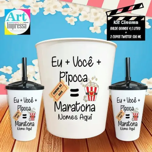 Kit Cinema Casal Eu + Você + Pipoca Balde 4,5L + 2 Copos
