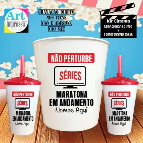 Kit Cinema Casal Não Perturbe Maratona em Andamento Balde + 2 Copos