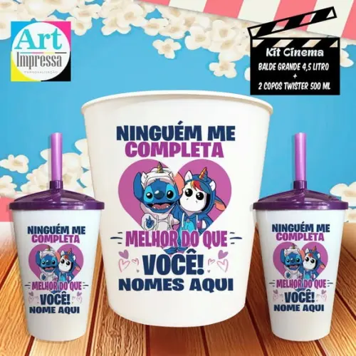 Kit Cinema a Dois Stitch Unicórnio Balde 4,5L + 2 Copos Twister