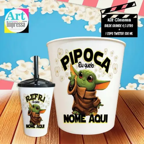 Kit Cinema Individual Baby Yoda Star Wars Balde 4,5L + Copo Twister