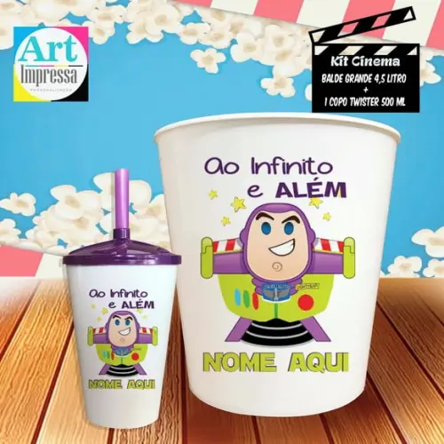 Kit Cinema Individual Buzz Lightyear Balde 4,5L + Copo Twister Presente