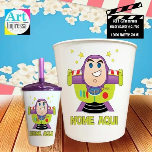 Kit Cinema Individual Buzz Lightyear Balde 4,5L + Copo Twister Presente