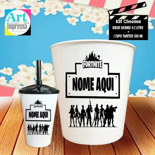 Kit Cinema Individual Fortnite Balde 4,5L + Copo Twister Presente