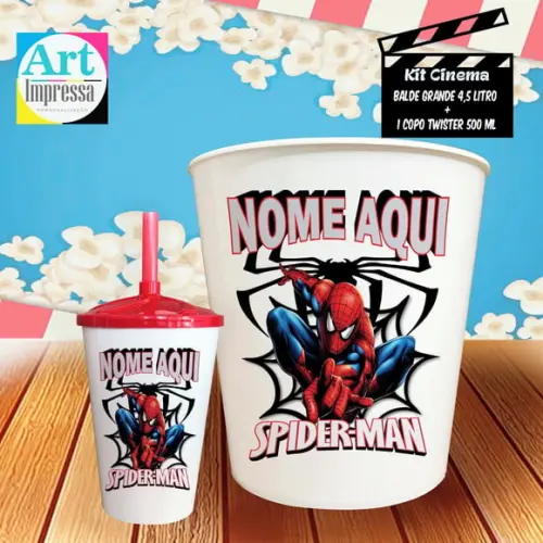 Kit Cinema Individual Homem-Aranha Balde 4,5L + Copo Twister Presente