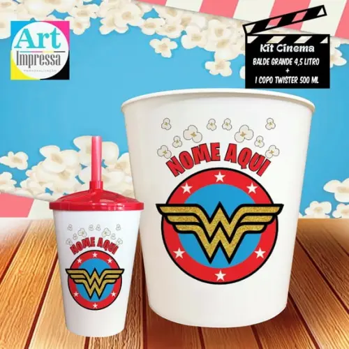 Kit Cinema Individual Mulher Maravilha Balde 4,5L + Copo Twister Presente