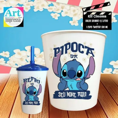 Kit Cinema Individual Stitch Balde 4,5L + Copo Twister Presente
