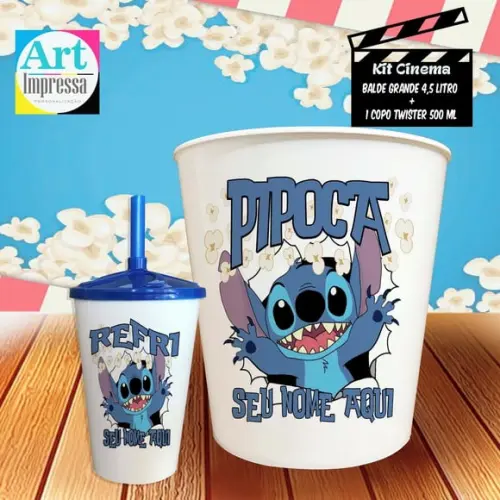 Kit Cinema Individual Stitch Balde 4,5L + Copo Twister Presente