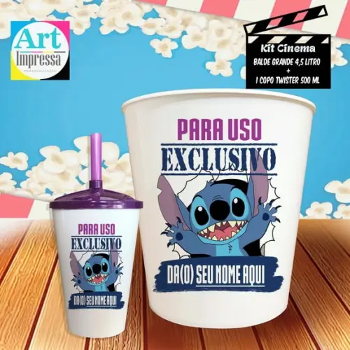 Kit Cinema Individual Stitch Balde 4,5L + Copo Twister Presente