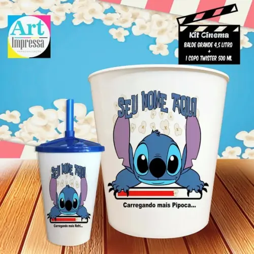 Kit Cinema Individual Stitch Balde 4,5L + Copo Twister Presente