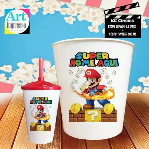 Kit Cinema Individual Super Mario Balde 4,5L + Copo Twister Presente