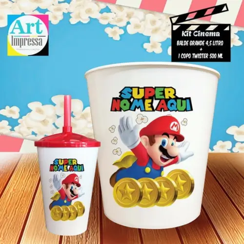 Kit Cinema Individual Super Mario Balde 4,5L + Copo Twister Presente