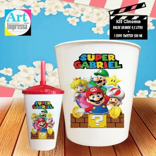 Kit Cinema Individual Super Mario Balde 4,5L + Copo Twister Presente