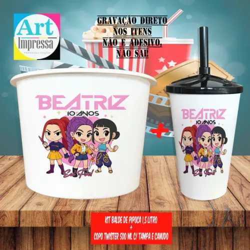 Kit Cinema Lembrancinha Guerreira do K-pop Balde 1,5L + Copo Twis