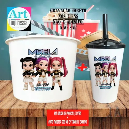 Kit Cinema Lembrancinha Guerreira do K-pop Balde 1,5L + Copo Twister 500ml