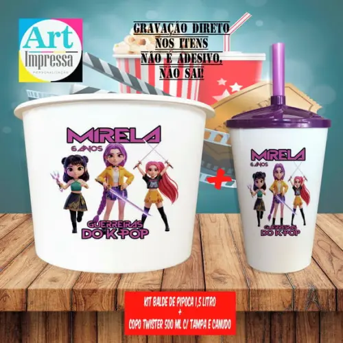 Kit Cinema Lembrancinha Guerreira do K-pop Balde 1,5L + Copo Twister 500ml