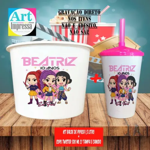 Kit Cinema Lembrancinha Guerreira do K-pop Balde 1,5L + Copo Twister 500ml