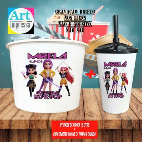 Kit Cinema Lembrancinha Guerreira do K-pop Balde 1,5L + Copo Twis
