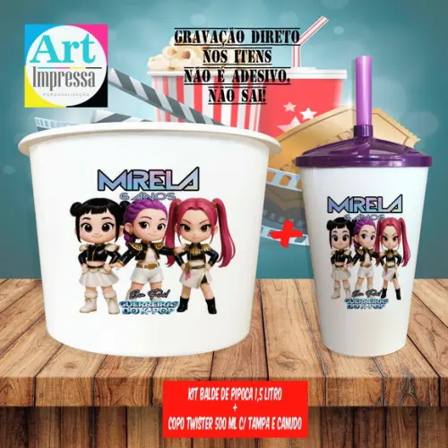 Kit Cinema Lembrancinha Guerreira do K-pop Balde 1,5L + Copo Twis
