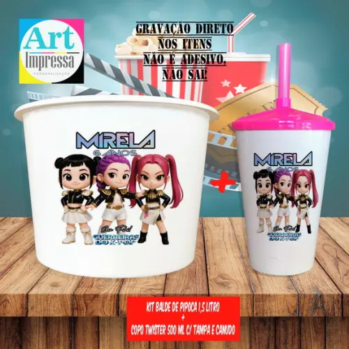 Kit Cinema Lembrancinha Guerreira do K-pop Balde 1,5L + Copo Twis