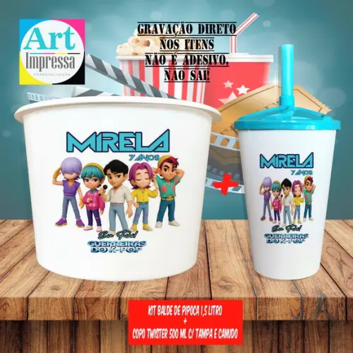 Kit Cinema Lembrancinha Guerreira do K-pop Balde 1,5L + Copo Twis